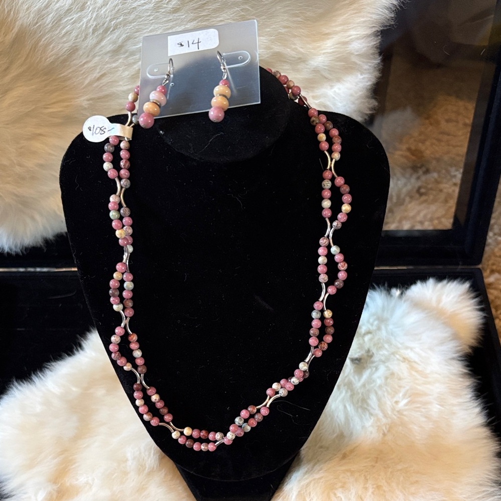 Pink Beaded Necklace and Earring Set